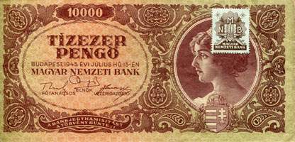 Billet hongrois de 10000 pengo L 874 / 090898 surchargé par timbre brun 3/4 - face