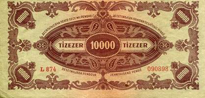 Billet hongrois de 10000 pengo L 874 / 090898 surchargé par timbre brun 3/4 - dos