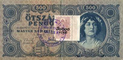 Billet hongrois de 500 pengo K 011 / 024377 surchargé par timbre de 50000 pengo avec cachet - face