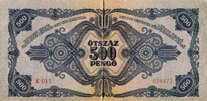 Billet hongrois de 500 pengo K 011 / 024377 surcharg� par timbre de 50000 pengo avec cachet - dos