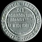 Timbre-monnaie de 5 centesimi vert sur fond rouge - Chrétien Frères - Old Robinson Rum - Italie - avers
