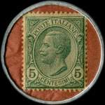 Timbre-monnaie de 5 centesimi vert sur fond rouge - Chrétien Frères - Old Robinson Rum - Italie - revers