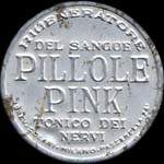 Timbre-monnaie de 5 centesimi vert sur fond rouge - Rigeneratore del sangue - PILLOLE PINK - tonico dei nervi type 2 - Italie - avers