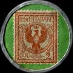 Timbre-monnaie de 2 centesimi bicolore sur fond vert - Gomme Pirelli - Milano - cavi - conduttori - tacchi - impermeabili type 1 - Italie - revers