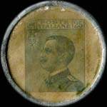 Timbre-monnaie de 25 centesimi sur fond jaune - Fabriche riunite galettine - cioccolato Stellone al latte - Roma Genova - Torino - Italie - revers
