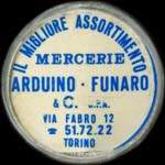 Timbre-monnaie de 50 lires sur fond bleu - Mercerie Arduino-Funaro - Torino - Italie - avers
