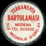 Timbre-monnaie de 100 lires sur fond rouge -  Ferramenta Bartolamasi - V. Le Medaglie d’Oro‚ 43 - Modena - Tel. 302502 - Italie - avers