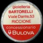 Timbre-monnaie de 50 lires sur fond noir - gioielleria Bartorelli - Viale Dante, 53 - Riccione - concessionario Bulova - Italie - avers