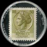 Timbre-monnaie de 50 lires sur fond noir - gioielleria Bartorelli - Viale Dante, 53 - Riccione - concessionario Bulova - Italie - revers