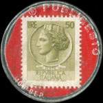 Timbre-monnaie de 50 lires sur fond rouge -  Nocino Benvenuti - Modena - Italie - revers