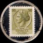 Timbre-monnaie de 50 lires sur fond bleu-noir - Bernardi (Modena) - Italie - revers