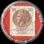 Timbre-monnaie de 100 lires sur fond rouge - Bernardi (Modena) - Italie - revers