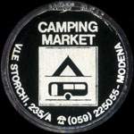 Timbre-monnaie de 50 lires sur fond rouge - Camping Market - V.Le Storchi, 235/A - Tel (059) 225055 - Modena - Italie - avers