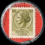 Timbre-monnaie de 50 lires sur fond rouge - Camping Market - V.Le Storchi, 235/A - Tel (059) 225055 - Modena - Italie - revers