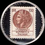 Timbre-monnaie de 100 lires sur fond bleu-noir - sanitaria La Cicogna - Via Garagnani, 30 - Castelfranco E. - Italie - revers
