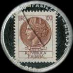 Timbre-monnaie de 100 lire sur fond noir - l'Erborista - le erbe per la salute e la bellezza - tel.210589-MO - via Fonteraso 24 - Italie - revers