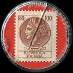 Timbre-monnaie de 100 lires sur fond rouge - l'Erborista - le erbe per la salute e la bellezza - tel.210589-MO - via Fonteraso 24 - Italie - revers