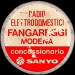 Timbre-monnaie de 50 lires sur fond rouge - Fangareggi - Modena - radio - elettrodomestici - concessionario Sanyo - Italie - avers