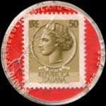 Timbre-monnaie de 50 lires sur fond rouge - Fangareggi - Modena - radio - elettrodomestici - concessionario Sanyo - Italie - revers