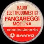 Timbre-monnaie de 200 lires sur fond rouge - Fangareggi - Modena - radio - elettrodomestici - concessionario Sanyo - Italie - avers