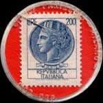 Timbre-monnaie de 200 lires sur fond rouge - Fangareggi - Modena - radio - elettrodomestici - concessionario Sanyo - Italie - revers