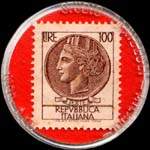 Timbre-monnaie de 100 lires sur fond rouge - Fontana gruppo ceramiche S.p.a. - Via Emilia Ovest 67/C - 42048 Rubiera - Italie - revers