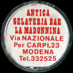 Timbre-monnaie Antica gelateria bar La Madonnina - Modena - 100 lire sur fond rouge - capsule plastique - Italie - avers