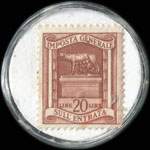 Timbre-monnaie de 20 lires sur fond blanc - Drogheria Mello (jaune) - Borgosesia - Italie - revers