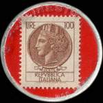 Timbre-monnaie de 100 lires sur fond rouge - Moquette Supermarket Panda - Italie - revers