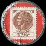Timbre-monnaie de 100 lires sur fond rouge - Depurazione Acque - RCA Di Barchi A. - via Malniusi.86 - Italie - revers