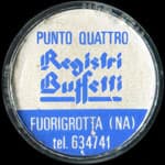 Timbre-monnaie de 50 lire sur fond rouge - Punto quattro - Registri Buffetti - Fuorigrotta&nbsp;(NA) tel.&nbsp;634741 - Italie - avers