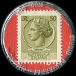 Timbre-monnaie de 50 lire sur fond rouge - Punto quattro - Registri Buffetti - Fuorigrotta&nbsp;(NA) tel.&nbsp;634741 - Italie - revers