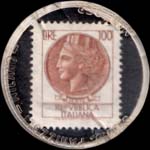 Timbre-monnaie de 100 lires sur fond noir - Gioielleria Sironi - tel.0331-544127 - Legnano - concessionario Bulova - Italie - revers
