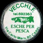 Timbre-monnaie  Vecchi. F. - tel.692363 - esche per pesca - Via Carlo Marx, 80 Carpi- 100 lire sur fond rouge - capsule plastique - Italie - avers