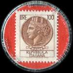 Timbre-monnaie  Vecchi. F. - tel.692363 - esche per pesca - Via Carlo Marx, 80 Carpi- 100 lire sur fond rouge - capsule plastique - Italie - revers