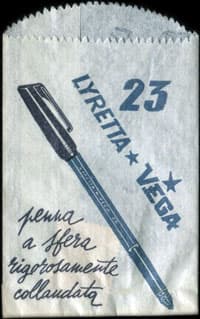 Timbre-monnaie Lyretta - Vega - 23 - per una perfetta scrittura - penna a sfera rigorosamente collandata  - 130 lire dans sachet papier - Italie - dos