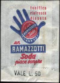 Timbre-monnaie 50 lires sous aachet papier imprimé type 1 - Ramazzotti - tonifica - rifresca - disseta - un Ramazzotti soda piace sempre - Italie - dos