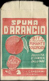 Timbre-monnaie Spuma d'Arancio - Bibita in polvere spumante dolcificata - squisita economica salutare - Dott Gamberini - Milano - 50 lires dans sachet papier - Italie - face