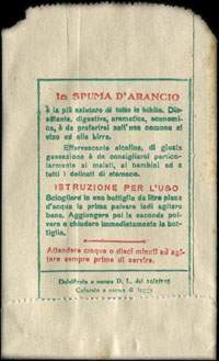Timbre-monnaie Spuma d'Arancio - Bibita in polvere spumante dolcificata - squisita economica salutare - Dott Gamberini - Milano - 50 lires dans sachet papier - Italie - dos