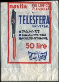 Timbre-monnaie novit� per l'ufficio e la scuola ! - Telesfera Universal - Tagliacarte - Riga millimetratat - Inchiostro antimacchia / Universalina 77 - la nueva penna a sfera con refil intercambiabile a grande capacit� ! - 50 lire dans sachet papier - Italie - face