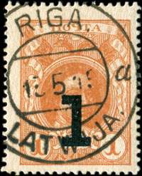 Timbre-monnaie de la srie Romanov 1917 - 1 kopeck orange surcharg 1 - surcharg Riga 13-5-19 - utilis en Lettonie - face