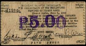 Emergency Treasury Certificate sur le mode d'un timbre-monnaie de 5 pesos émis à Ilocos Norte aux Philippines - dos