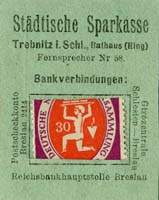 Timbre-monnaie de 10 pfennig émis par Städtische Sparkasse Trebnitz (ex-Allemagne) devenue Trzebnica en Pologne - face