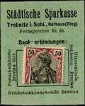 Timbre-monnaie de 50 pfennig émis par Städtische Sparkasse Trebnitz (ex-Allemagne) devenue Trzebnica en Pologne - face