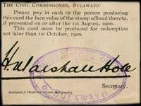 Timbre-monnaie de 1 shilling sur carton type 1 �mis par Marshall Hole � Bulawayo en Rhod�sie (Zimbabwe) - face