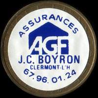 Monnaie publicitaire Assurances AGF J.C. Boyron - Clermont-L�H. - 67.96.01.24 - sur 10 francs Mathieu (imitation de Pile ou Pub)