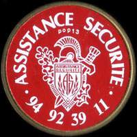 Monnaie publicitaire Assistance S�curit� - 94 92 39 11 - sur 10 francs Mathieu