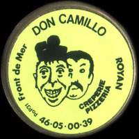 Monnaie publicitaire Don Camillo - Front de Mer - Royan - Cr�perie Pizzeria - 46.05.00.39 - sur 10 francs Mathieu