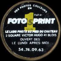 Monnaie publicitaire Foto Sprint - Le labo photo au pied du Chteau - 2 Square Victor Hugo - 41 Blois - Vos photos couleurs en 1 heure - Ouvert lundi aprs-midi - 54.74.09.63 - sur 10 francs Mathieu
