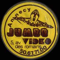 Monnaie publicitaire Jumbo Video - Annecy - 5, av. des Romains - 50.67.71.00 - sur 10 francs Mathieu (imitation de Pile ou Pub)